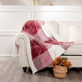 NANPIPER Sherpa Blanket,Warm Fuzzy Checkered Blanket,Soft Fleece Plaid Blankets for Couch,Wine Red Checkers 50"x60"
