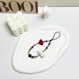 WCCH Short Beaded Phone Charm Handmade Y2K Kawaii Acrylic Phone Lanyard Wrist Strap for Bag Airpods Camera Pendants Decor Red Heart Cloud