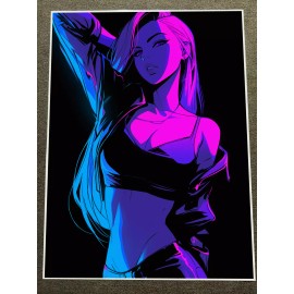 Dynamic Neon Woman in Sporty Outfit with Blue and Pink Lighting - Poster 18x24in