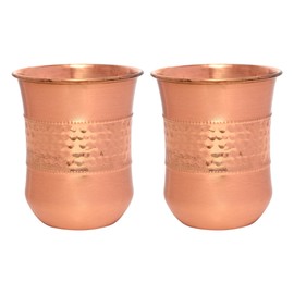 Copper Tumbler Set of 2, Hammered and Plain, 250 Ml (8.45 US Fluid Ounce) Capacity For Ayurveda Health Benefits (Curved)