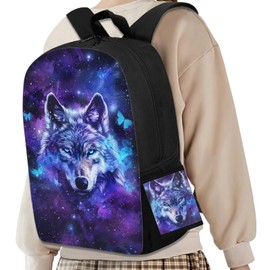 COEQINE Wolf Backpack Purse Wolf Backpack For Girls 17 Inch Bookbag For Kids Large Capacity Bookbag Watter Pouch for Teens Girls High School Womens Wolf Wallet