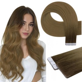 Full Shine Intact Human Hair Extensions Tape in Color R3 Dark Brown to 8 Light Brown 16 Inch Natural Seamless Straight Injected Tape in Hair Extensions Human Hair 10Gram 5Pcs for Party