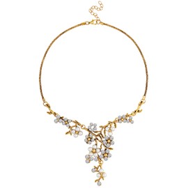 MINACHI Medieval Vintage Bridal Rhinestone Imitation-Pearl Flower Tree Necklace, Gold-tone, Bonus Earrings, Royal Temperament Holidays Christmas Wedding Prom Necklace Jewelry for Women