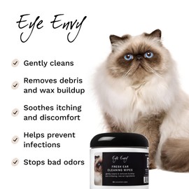 Eye Envy Fresh Ear Cleaning Wipes for Cats. Made in The USA from Natural Ingredients. Unscented. Prevents Infections. Safe and Non-Irritating. Removes Dirt, Debris, and Wax buildup. 60 Count.