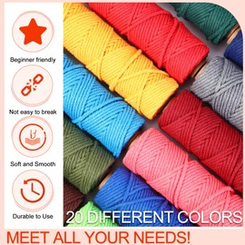 Timgle Macrame Cord 3 mm x 875 Yards Cotton Macrame Rope 4 Strands NaturalTwisted String 20 Rolls Colored Yarn Supplies for Wall Hanging Plant Hangers Crafts 20 Colors