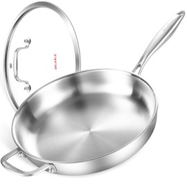 DELARLO Stainless Steel Pan 14-Inch, Large Frying Pan with Lid, Heavy Duty, Compatible with Induction, Gas and Electric up to 650℉, Fast & Even Heating, Durable, Dishwasher, Oven Safe Skillet