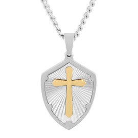 STEEL NATION JEWELRY Men's Stainless Steel Shield with Flared Pointed Cross Pendant on 24" Twisted Curb Chain Necklace Two Tone Yellow Finish