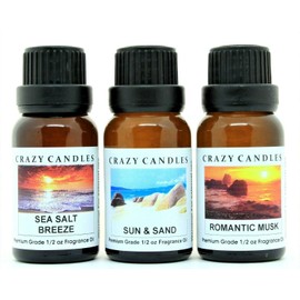 Crazy Candles 3 Bottles Set, 1 Sea Salt Breeze, 1 Sun & Sand, 1 Romantic Musk 1/2 Fl Oz Each (15ml) Premium Grade Scented Fragrance Oils