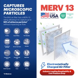 BNX TruFilter 16x16x1 Air Filter MERV 13 (4-Pack) - MADE IN USA - Electrostatic Pleated Air Conditioner HVAC AC Furnace Filters for Allergies, Pollen, Mold, Bacteria, Smoke, Allergen, MPR 1900 FPR 10