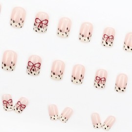 24Pcs Reusable Stick On Nails - French Nude Pink Bow Leopard,Short French Tips, Acrylic False Nails with Glue for Women and Girls