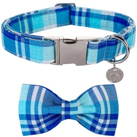 Plaid Dog Collar with Bow tie-Summer Cotton Dog Collar Blue Plaid Pet Collar Comfortable Cute Dog Collar for Small Medium Large Dog