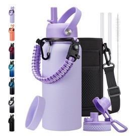 BENZZO 32 oz Insulated Water Bottle with Straw - Pop-up Spout Lid, Paracord Handle, Carrier Bag with Strap, Leak Proof Stainless Steel Water Bottle 32oz, Cold Flask Jug for Traveling Hiking