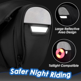WOTOW Reflective Bike Saddle Bag, Waterproof Under Seat Bicycle Pack Tool Accessories Storage Pouch Cycling Wedge Bag with Inner Pocket Taillight Hook Loop for Mountain Road Bike Night Riding (Black)