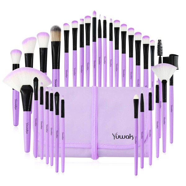 Yuwaku Makeup Brush 32pcs, Purple Professional Make Up Brushes Set with Soft Bristles Kabuki Foundation Powder Eyeshadow Eyeliner Blush Concealer Brush with Travel Makeup Bag (Purple)