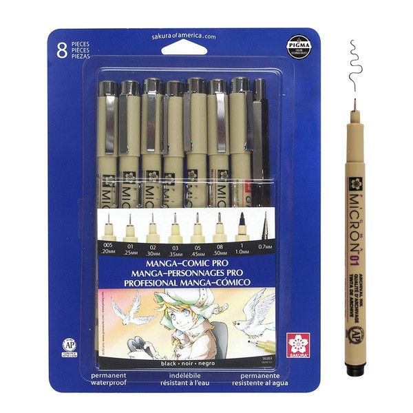 Sakura Pigma Micron Manga Comic Pro Fineliner Pens - Archival Black Ink Pens - Assorted Point Sizes - 8 Pack