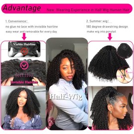 Peluca Media de Cabello Humano Rizado Afro, Densidad 200, 3 en 1, Sin Costuras, Pelucas Medias con Volteo, Cabello Humano Sin Pegamento, Ponerse y Lis