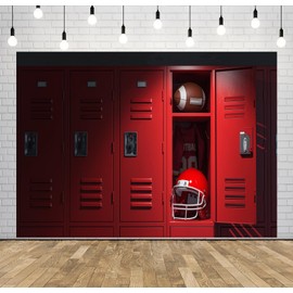 Loccor 7x5ft Fabric Red Locker Room Backdrop American Football Locker Room with Equipment,Ball and Helmet Background Sports Gym School Locker Room Backdrop for Class Photoshoot Props