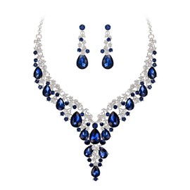 BriLove Women's Wedding Bridal Austrian Crystal Teardrop Flower Leaf Vine Cluster Statement Necklace Dangle Earrings Jewelry Set Sapphire Color Silver-Tone