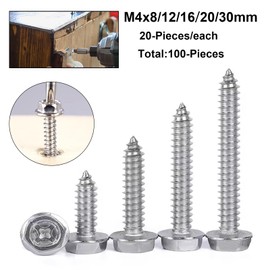FandWay 304 Stainless Steel Phillips Hex Washer Self-Tapping Screws, M4 x 8/12/16/20/30mm, 100-Pieces Set