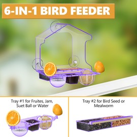 LUJII 6-in-1 Window Bird Feeder with Strongest Suction Cups, All-in-one Feeder for Bird Seed, Suet Ball, Mealworm, Oriole Orange Fruit, Jam or Water, Easy to Clean with 2 Removable Trays, Purple