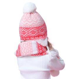 Girls Velvet Lined Beanie Hat Scarf Knitted 2pcs Set Winter Kids Baby 3-4 Years Thermal Pom Pom Cap Neckerchief Bohemia, Pink-XL