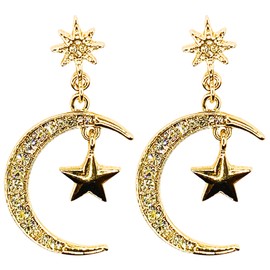 Cubic Zirconia Star & Moon Stud Drop Earrings, 18k Gold Plated, 43mm Length, 20mm Width, Gift Pouch included