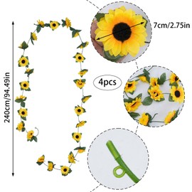 Fairblo Pack of 4 Artificial Sunflower Garland, Silk Flowers, Spring Sunflower Garland, Decoration, Fake Sunflower Tendril for Home, Garden, Wedding Decoration