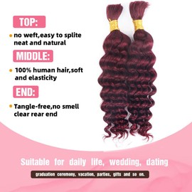 Human Braiding Hair for Boho Braids 100g Deep Wave Boho Hair for Braiding Knotless 12A Wet and Wavy Curly Bohemian Bulk 2 Bundles 100% Human Hair Extensions No Weft Burgundy 99J 18 Inch