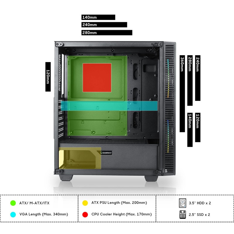 Gaming Case Mid-Tower with Tempered Glass Side Panel, 2x200mm ARGB
