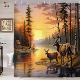 DYNH Elk Shower Curtain Animals Theme, Deer Safair in Stream River at Forest Sunset Shower Curtain, Fabric Bathroom Decor Accessories, Bath Curtains 12 PCS Hooks, 69X70IN