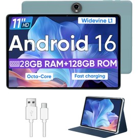 WXUNJA Android 16 Tablet,11 Inch Tablets with Octa Core Processor, 28GB RAM 128GB ROM 1TB Expand, Widevine L1, 8000mAh Battery, 2.4/5Ghz Dual WiFi/GPS/FM, 5/8MP Cameras, Case Included, Blue