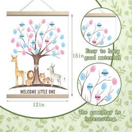 QZCYU Gender Reveal Party Decorations, Gender Reveal Fingerprint Tree with Safari Animals, Baby Shower Guest Book, Canvas Thumbprint Hanging Paintings