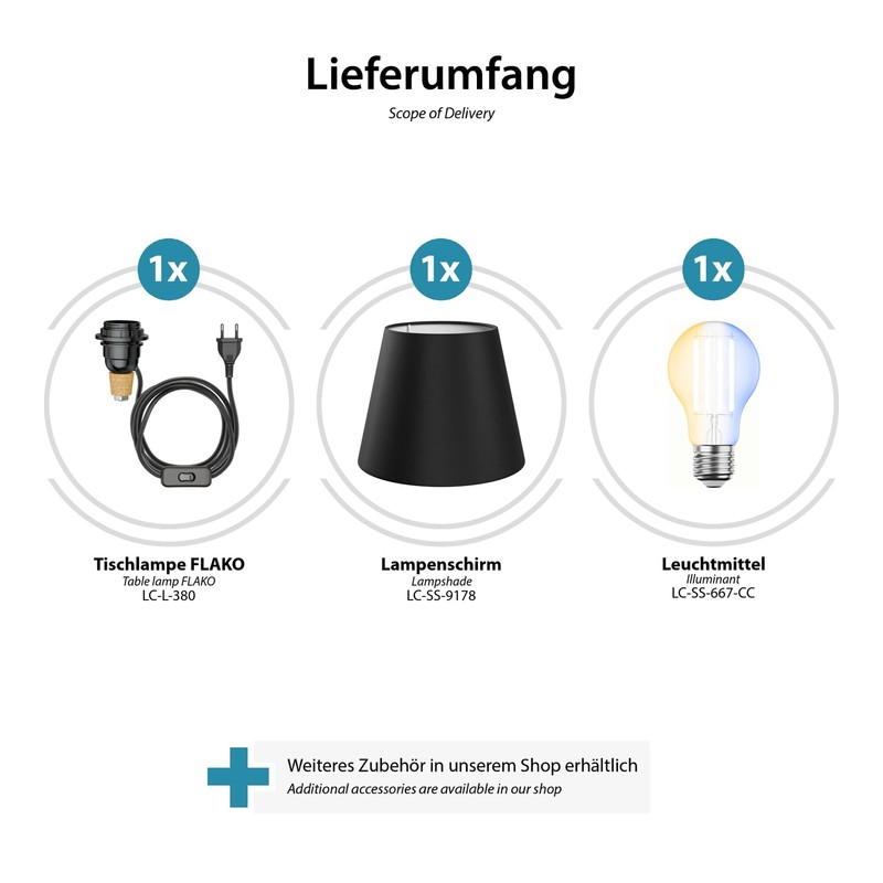 ledscom.de FLAKO Table Lamp, Textile Cable Black, Lampshade Black, Includes