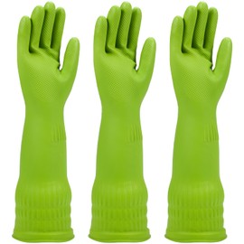 Rubber dishwashing gloves 3 Pairs for kitchen,Cleaning washing dish gloves long for household reuseable durable.(Small,Green)