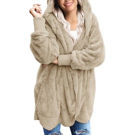 Yanekop Womens Fuzzy Fleece Jacket Open Front Hooded Cardigan Sherpa Outerwear Warm Coats with Pockets(A Khaki,L)