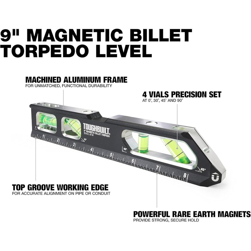 ToughBuilt – 9" Magnetic Billet Torpedo Level, Precision Machined Aluminum