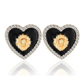 Aononu Basketball Wives Crystal Heart Lion Head Stud Earrings Rhinestone Black Enamel Hip Hop Costume Party Cocktail Jewelry (Gold Color)