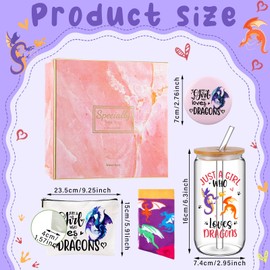 Kacctyen 5 Pcs Dragon Gift for Girls Set 18 oz Dragon Glass Cup Tumbler with Lid Makeup Bag Cosmetic Travel Pouch Cosmetic Bag Pocket Mirror Sock for Woman Animal Lover Birthday Gift Who Loves Dragons