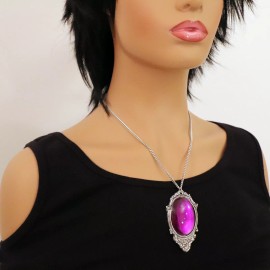 Real Metal Jewelry Purple Oval Stone in Silver Pewter Frame Pendant Necklace Jewelry NK-620P