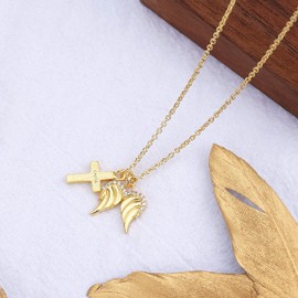 Lauren-Spencer Crystal Angel Wings Cross Necklace for Women Silver Gold Plated Faith Hope Love Believe Cross Pendant Necklace Guardian Angel Wings Necklace for Women Religious Jewelry Gifts (Gold Plated-Faith)