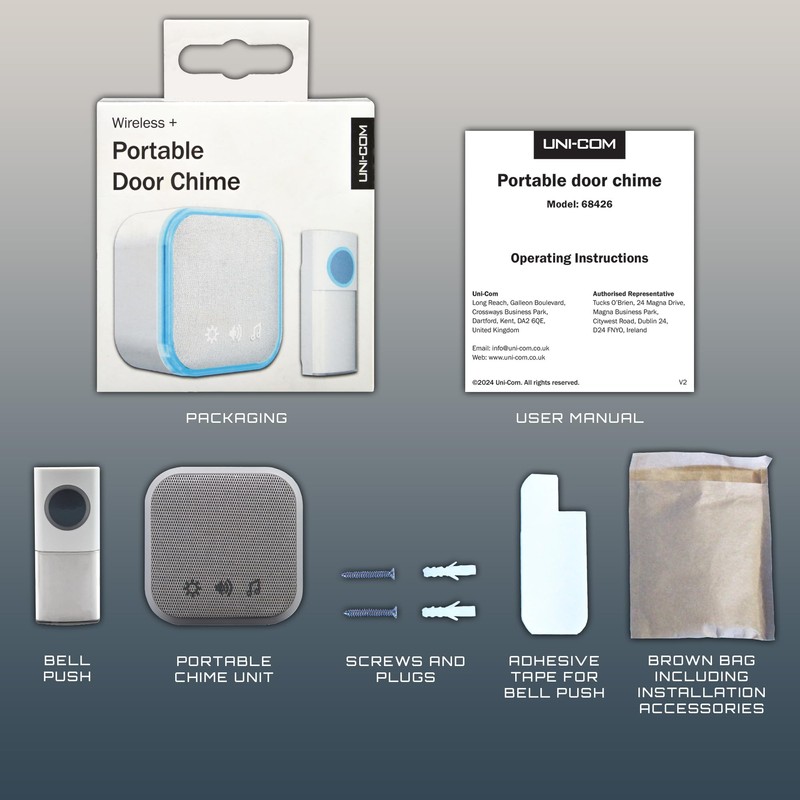 Uni-Com Wireless Portable Door Chime, 150m Operating Range, 30 Different