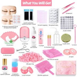 DNSGOOR Lash Extension Kit Professional Eyelash Extensions Supplies Training for Beginners Mannequin Head Grafting Lash USB Fan Lash Shampoo Brush Spraye 0.07D Curl Mix 8-15mm Practice Eyelash Strips