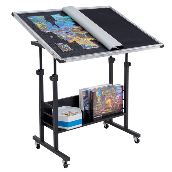 Becko US 1500 Piece Jigsaw Puzzle Table with Legs, Adjustable & Stand Up Puzzle Tables, with 5 Tilting Angle & Height Adjustment, Wood Jigsaw Puzzle Board with Cover Mat, Enclosed with 4 Wheels