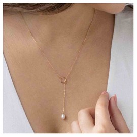 Yheakne Boho Pearl Circle Necklace Gold Y Pearl Necklace Minimalist Y Lariat Necklace Chain Jewelry for Women and Teen Girls (Gold)