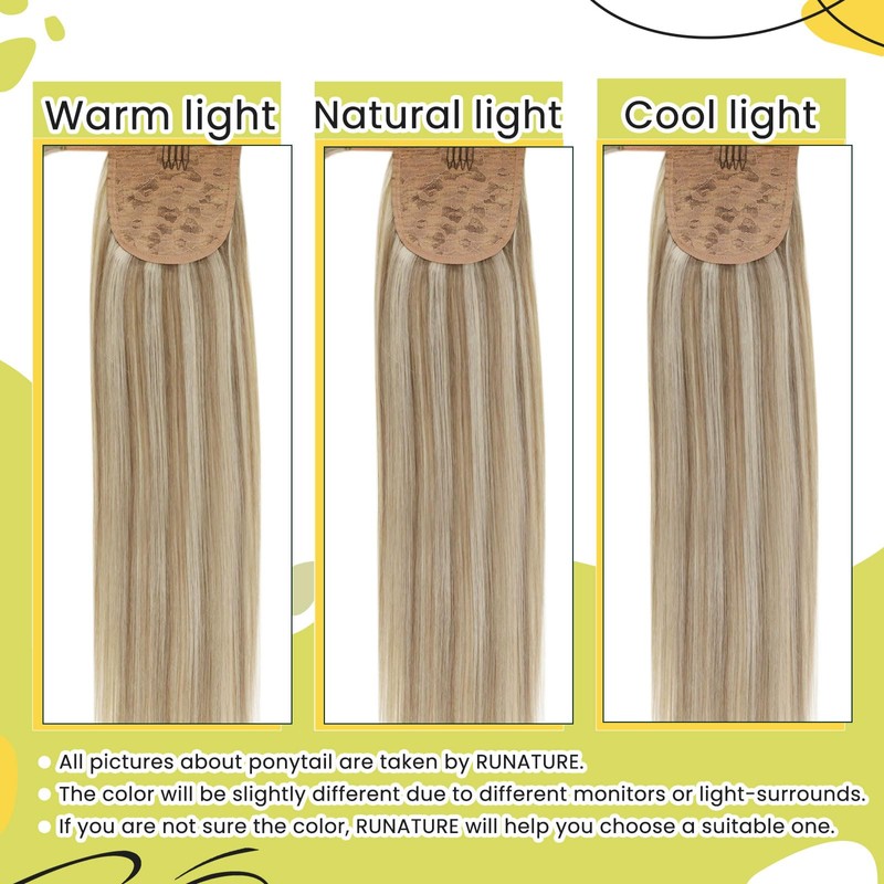 RUNATURE Ash Brown Human Hair Ponytail Extension 14 Inch Straight