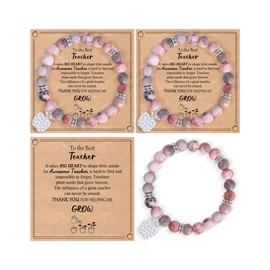 YELUWA 3Pcs Teacher Gifts for Women, Teacher Appreciation Gifts Set, End of The Year Thank You Teachers Gift from Student, Teachers Bracelets Thank You Gift for Women, Natural Stone Bracelets - Pink