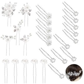 Silver Wedding Hair Clips Bride Wedding Hair Pins, 20 Pearl-Inspired Hairpins with 5 Pcs Elegant White Acrylic Flower and Silver Leaf U-Shaped Hairpin Set– Graceful Hair Accessories for Girls,Women,Wedding,Bride,Bridesmaid
