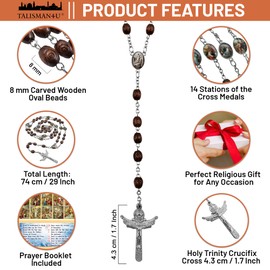 TALISMAN4U Stations of the Cross Rosary Chaplet Carved Wooden Beads Catholic Necklace for Men Women Holy Trinity Crucifix Cross Religious Gift Jewelry with Rosary Box & Prayer Booklet