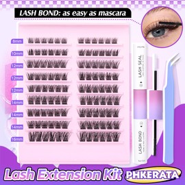 PHKERATA Wispy Cluster Lashes Natural Individual Eyelashes Kit with Bond and Seal and Tweezers 108Pcs Lash Extension Kit C Curl Natural Eyelash Clusters (0.07D, 8-16MM)