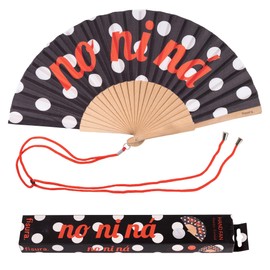 Fisura – Ventaglio in legno a pois con messaggio “no ni ná”. Accessorio elegante e vivace, ventaglio a mano bianco e nero con pratico gancio. Dimensioni: 42,5 x 23 cm
